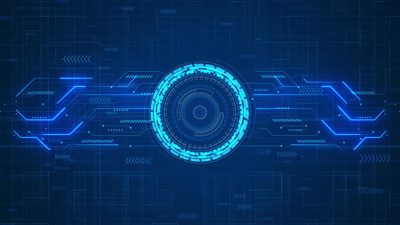 Cyan tech hud core visual with circular digital ring glowing circuit lines and deep blue interface