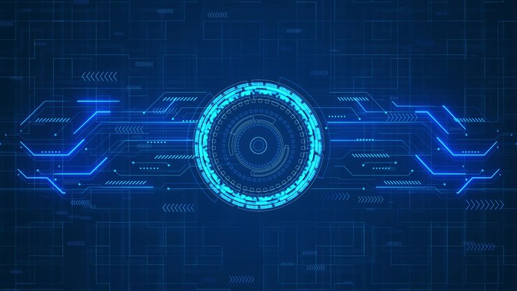 Visualizzazione centrale HUD tecnologica ciano con anello digitale circolare, linee di circuito luminose e interfaccia blu profondo
