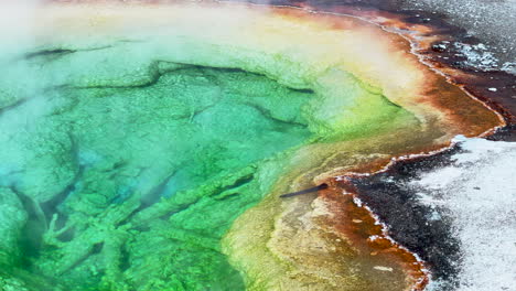 morning glory opal pool grand prismatic spring west yellowstone national park old faithful grand loop geysers scenic wyoming idaho mist steam thermal colorful yellow morning cinematic slowly pan left