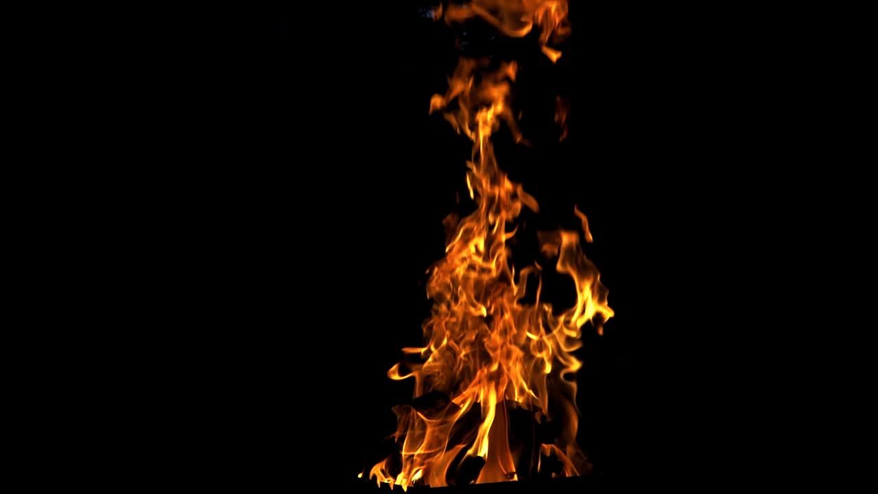 Fuoco ardente e luminoso isolato su sfondo nero. Legna che brucia al rallentatore.