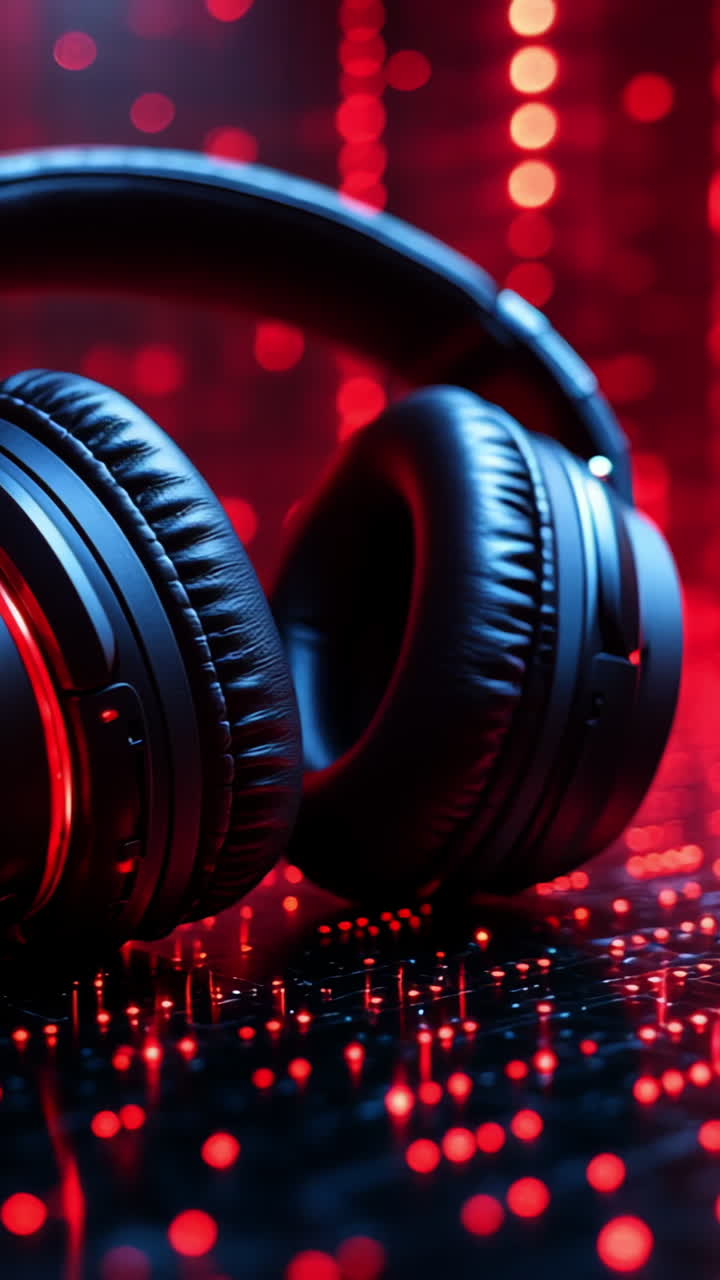 Black headphones on a screen. Black headphones rest on a geometric surface, illuminated by vibrant red and blue digital lights around them.