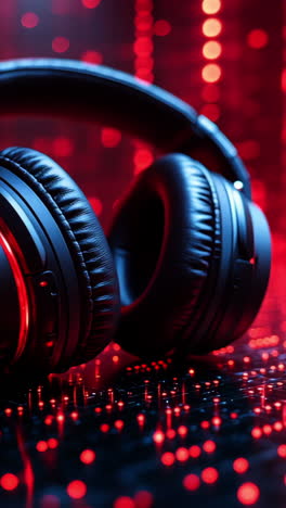 black headphones on a screen. black headphones rest on a geometric surface, illuminated by vibrant red and blue digital lights around them.