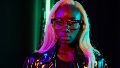 cyberpunk portrait of a woman with blonde hair and glasses in neon lights