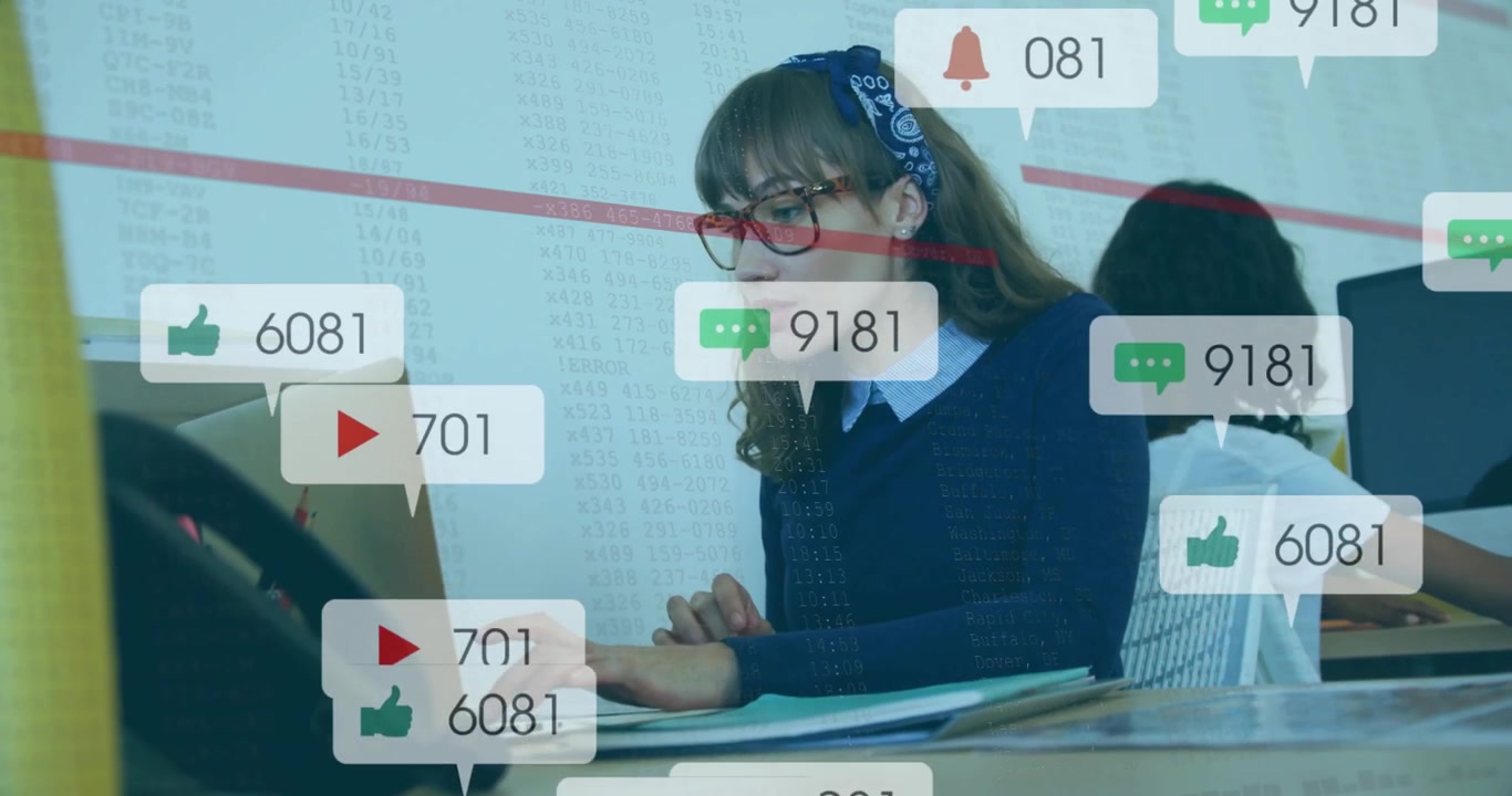 Young Woman Working on Laptop with Social Media Notification Overlays