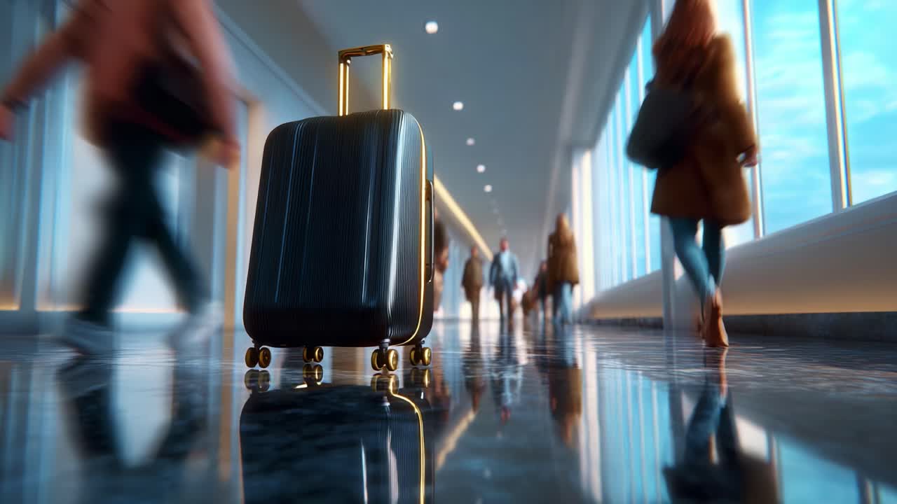 A sleek black suitcase stands prominently in a bustling airport terminal hallway, capturing the essence of travel and adventure as passengers pass by, reflecting a vibrant journey filled with exploration and excitement