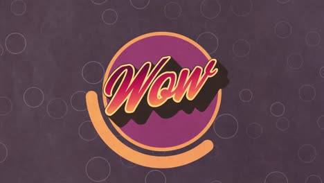 Animation-of-wow-text-in-pink-over-purple-circle-and-multiple-circles-flying-up-on-brown-background