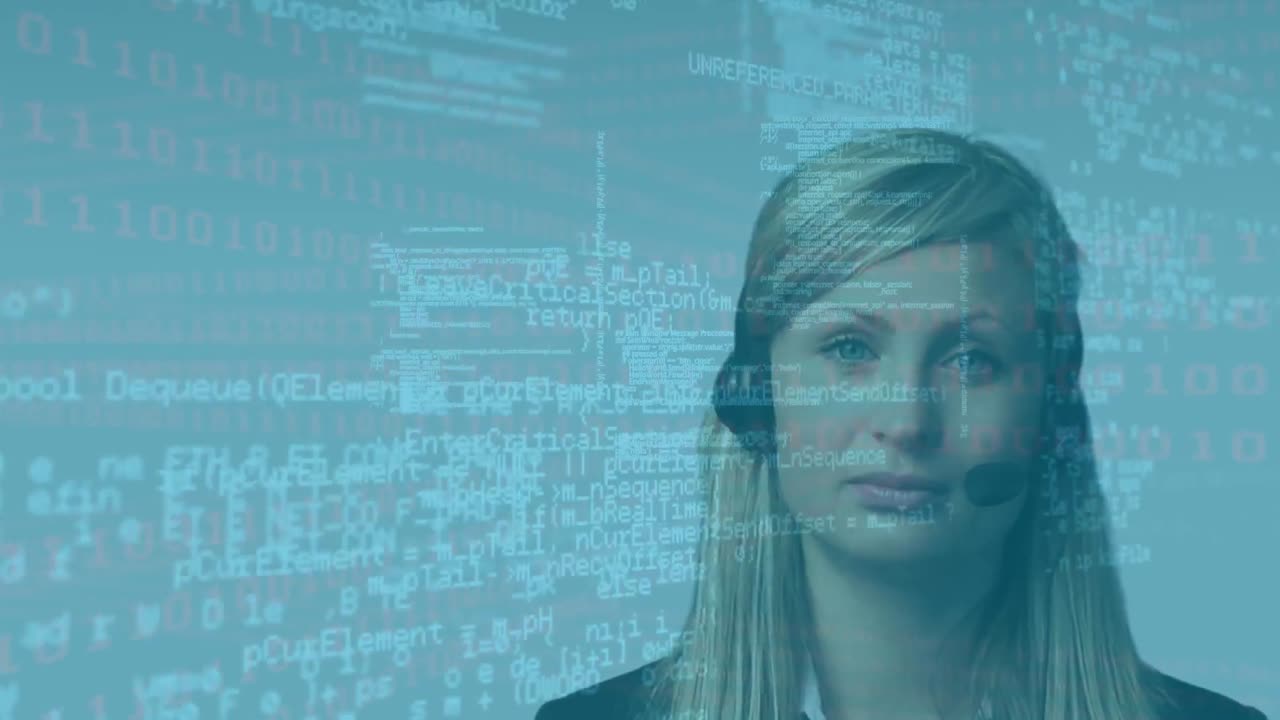 animación de procesamiento de datos sobre mujer caucásica usando auriculares de teléfono trabajando en un centro de llamadas