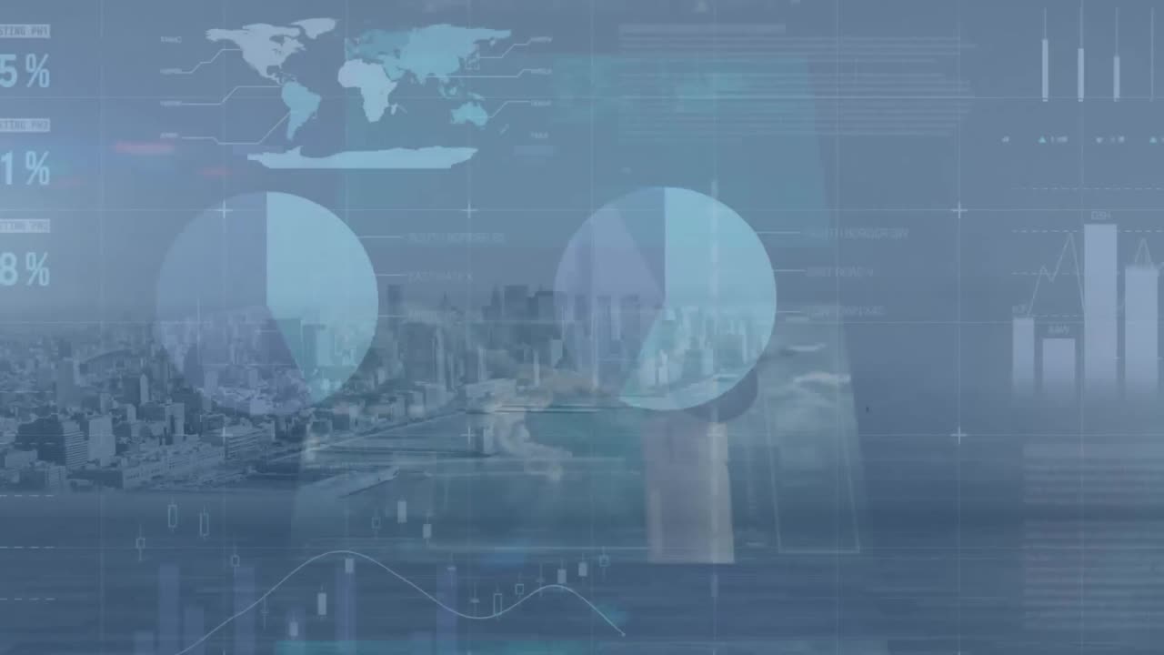 animación del procesamiento de datos estadísticos y pantallas con procesamiento de datos contra el paisaje urbano