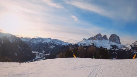 fpv pov of alpine skiing in dolomites, italy