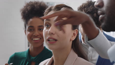 young business woman using sticky notes brainstorming problem solving with diverse colleagues sharing creative ideas for solution in office meeting