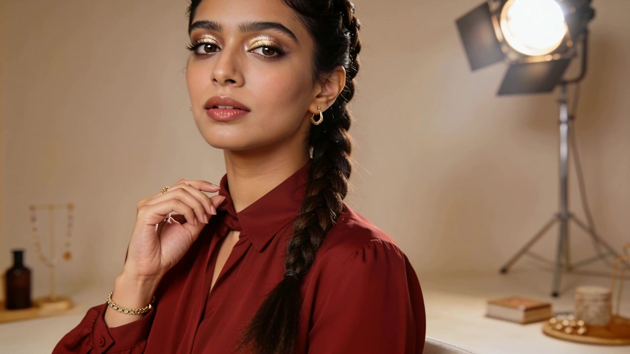Posing female model, camera rolling, adjusting burgundy blouse neckline on warm set