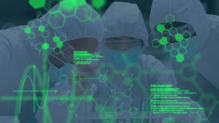 Animation of computer language, diverse scientists with safety gear, examining sample in test-tube