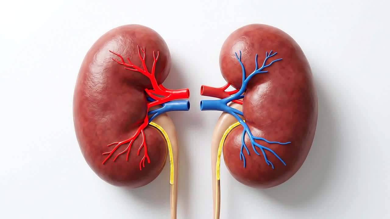 Realistic human kidneys with arteries and veins isolated on clean background showing urinary system anatomy