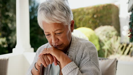 old woman, walking stick and thinking as widow