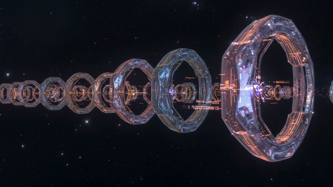 Shifting camera nearing octagon ring train in deep space, showing inner hub readouts for analysis