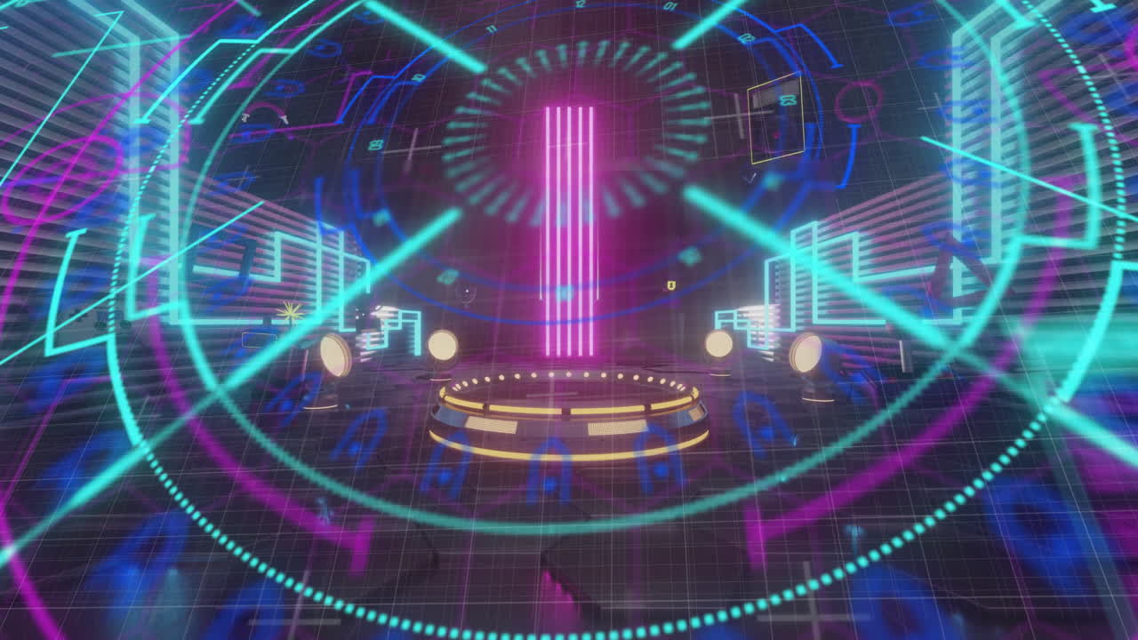 네온 조명과 함께 어두운 방에서 포디움 위에 다채로운 원형 스캐너 처리의 애니메이션