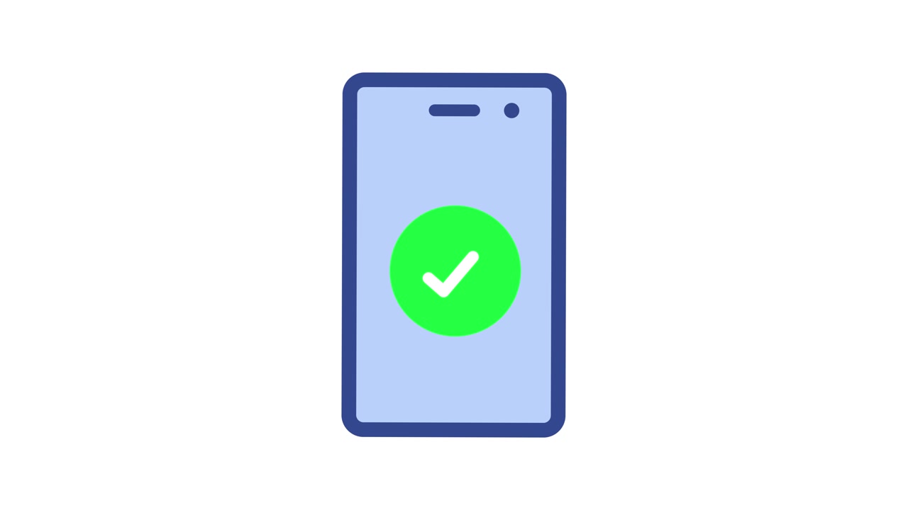 Check mark sign on smartphone screen animation isolated on white background