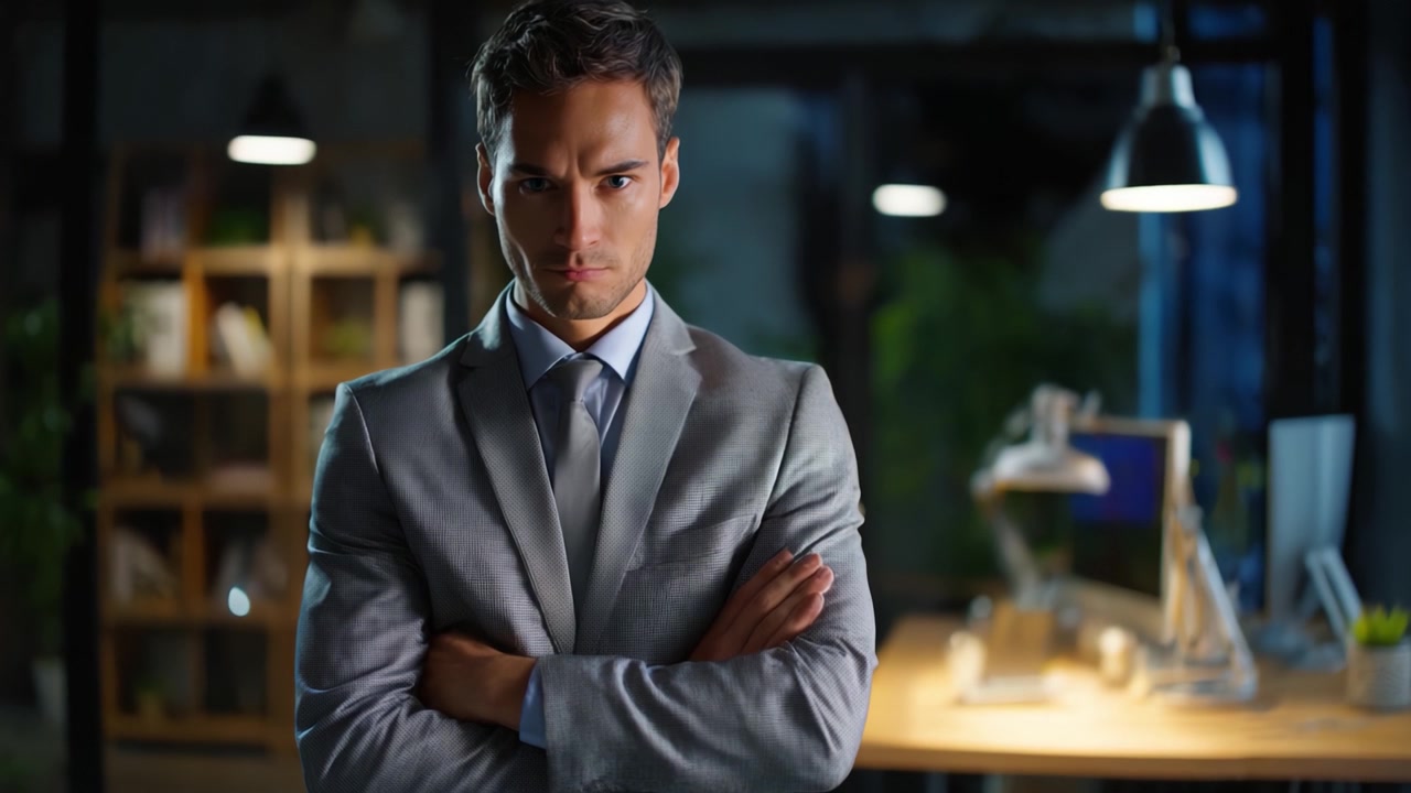 Un serio uomo d'affari in abito grigio si erge con sicurezza a braccia incrociate, emanando autorità e determinazione in un elegante ambiente d'ufficio di notte.