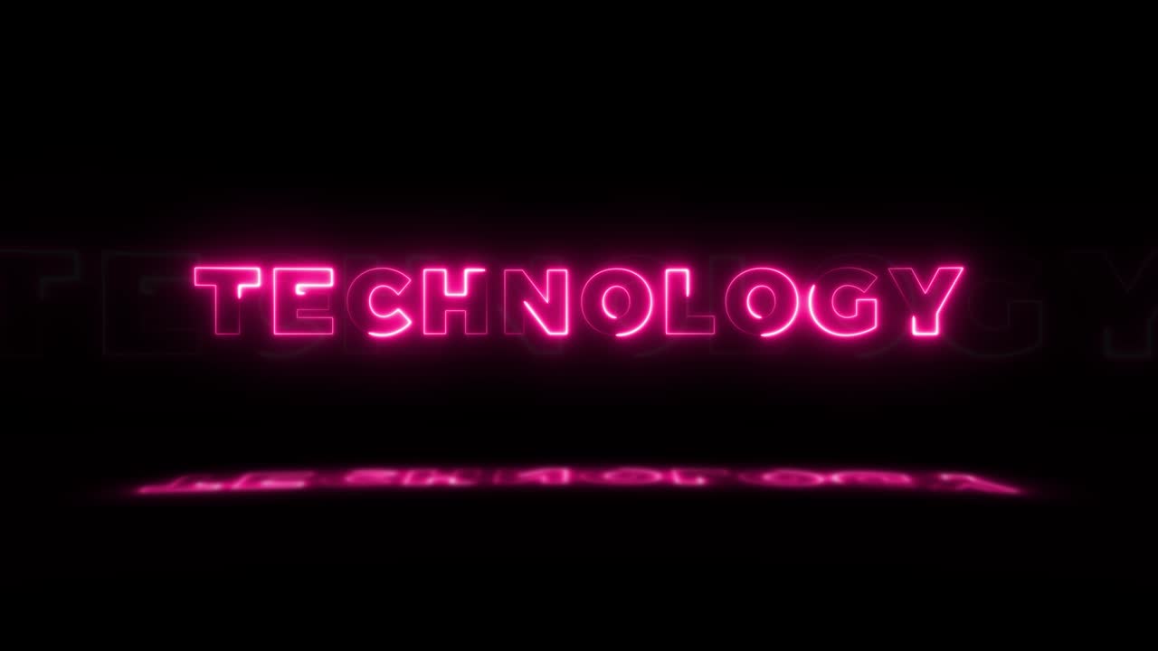 la palabra "tecnología" brilla en neón sobre un fondo negro con reflejos en el suelo. letreros de brillo de neón en gráfico de movimiento de bucle sin costuras