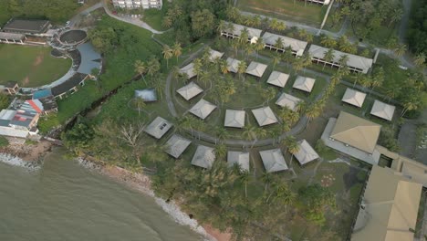 Evening-Aerial-View-Of-Pantai-Damai-Central-Santubong-And-Sarawak-Cultural-Village,-Borneo