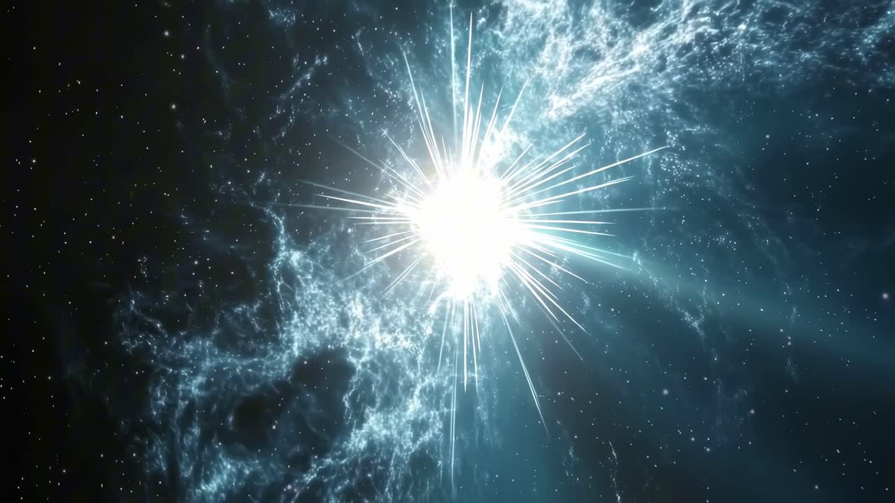 Una explosión cósmica capturada desde una perspectiva de ángulo alto, que muestra estallidos de luz radiantes
