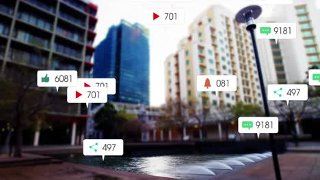 animación de iconos y números de redes sociales en banderas blancas sobre el paisaje urbano