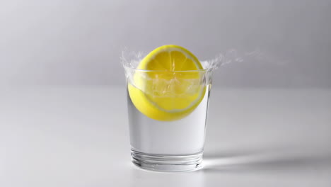 lemon slice splashing into water glass