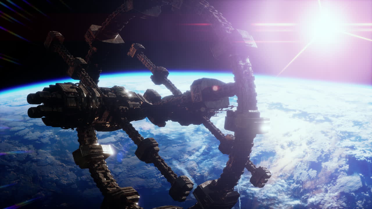 Un'enorme nave spaziale molto dettagliata che si avvicina alla Terra.