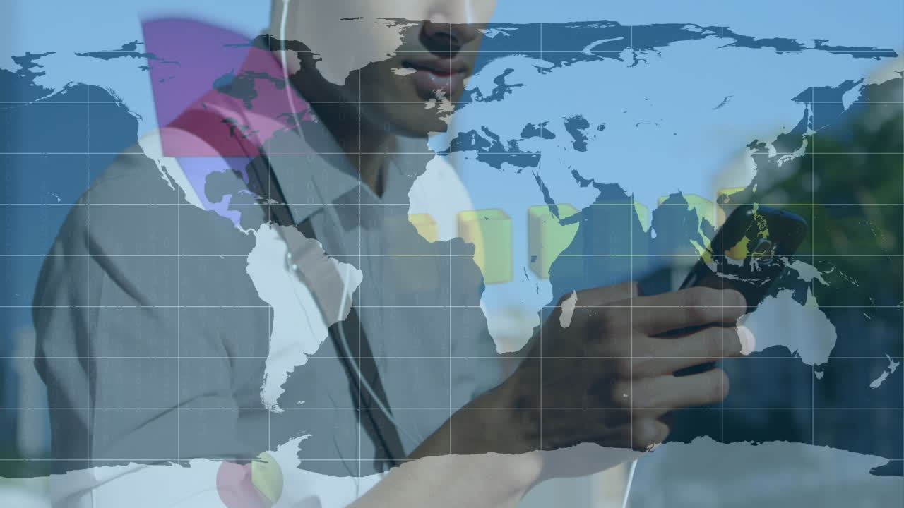 스마트폰을 사용하는 백인 남성의 중간 섹션에 대한 통계 데이터 처리의 애니메이션