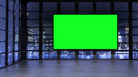 3d virtual tv studio with panoramic city skyline view at night with green screen and floodlights