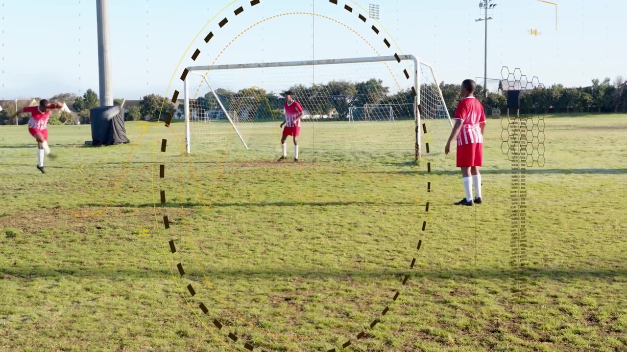 Right flank player controlling ball and dribbling to goal, team moving while HUD tracking for drill