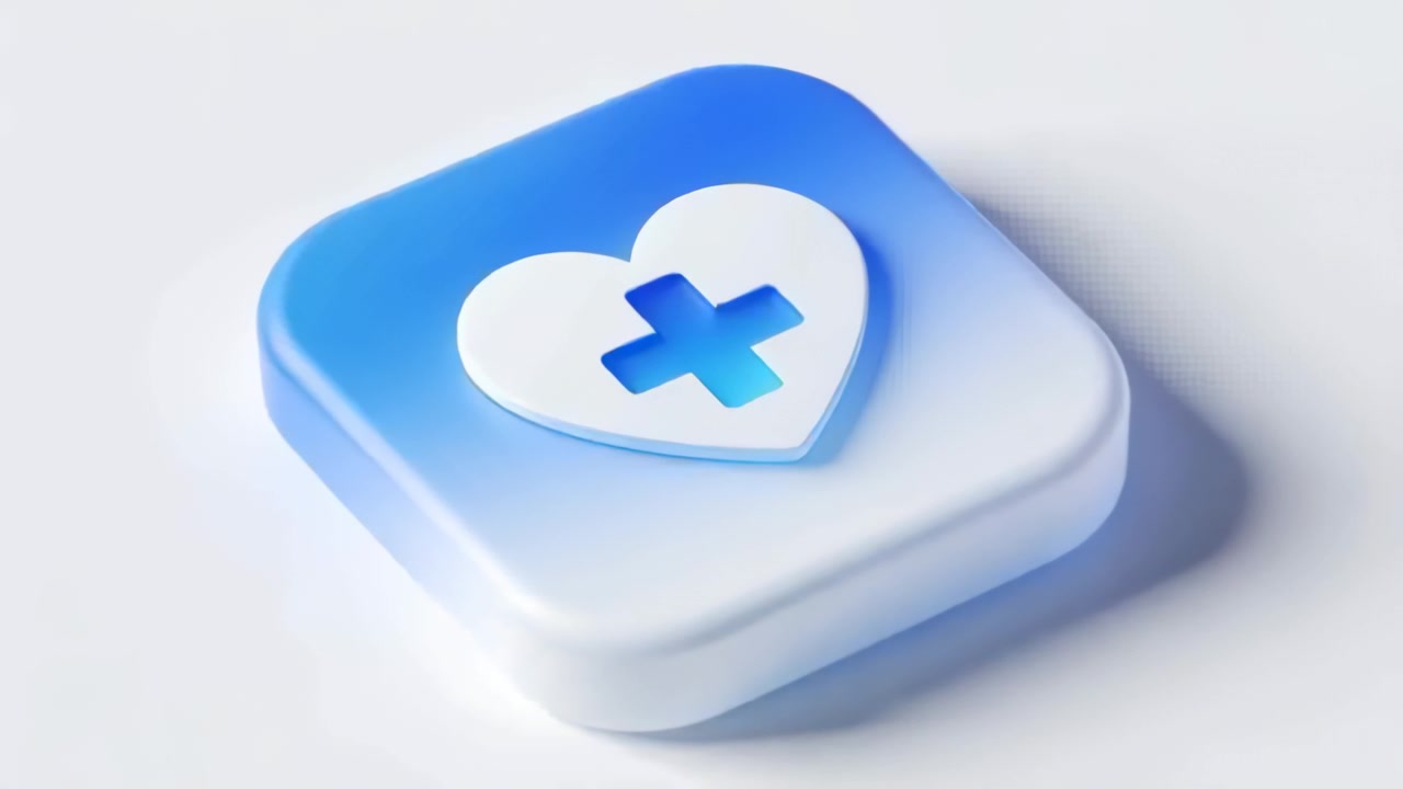 Rotating 3D rounded-square app icon on white backdrop after light shift, showing heart-plus cutout