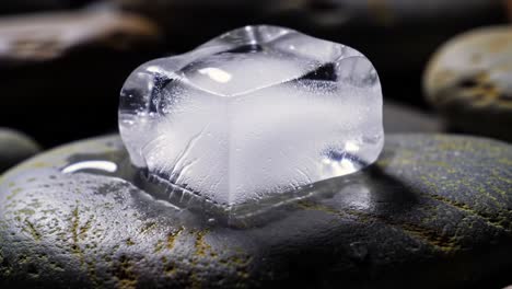 a close-up of a melting ice cube on a stone surface displaying unique textures and reflections in a natural setting
