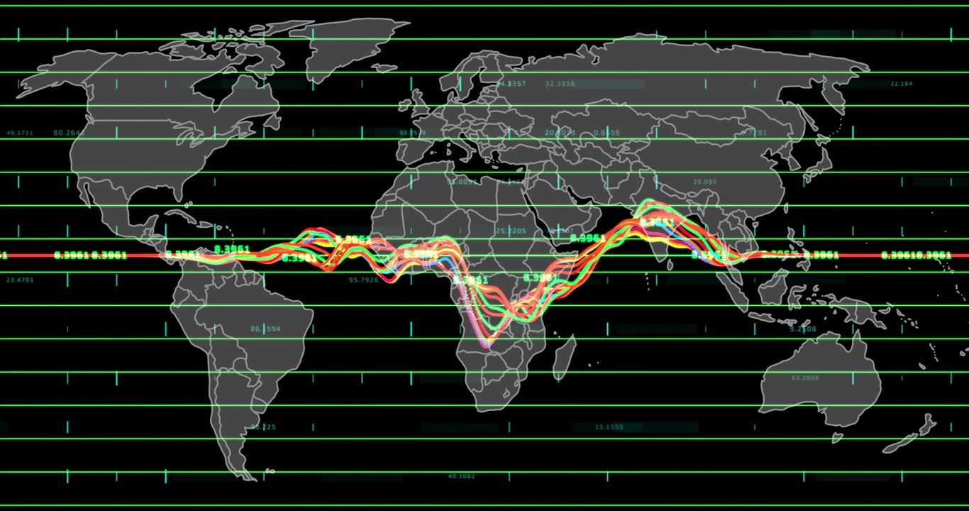 Animazione di elaborazione dati con mappamondo su sfondo nero.