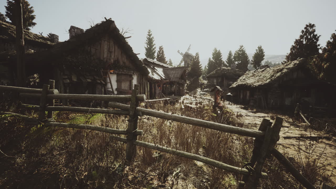 Rural village setting with thatched cottages and overgrown paths on a sunny day