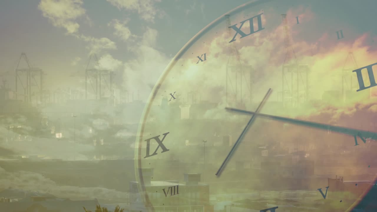 Clock face appearing, clock hands rotating over coastal skyline, clouds shifting, illustrating time