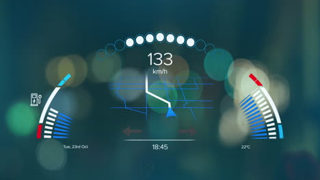animación del procesamiento de datos del velocímetro de coches eléctricos sobre la ciudad