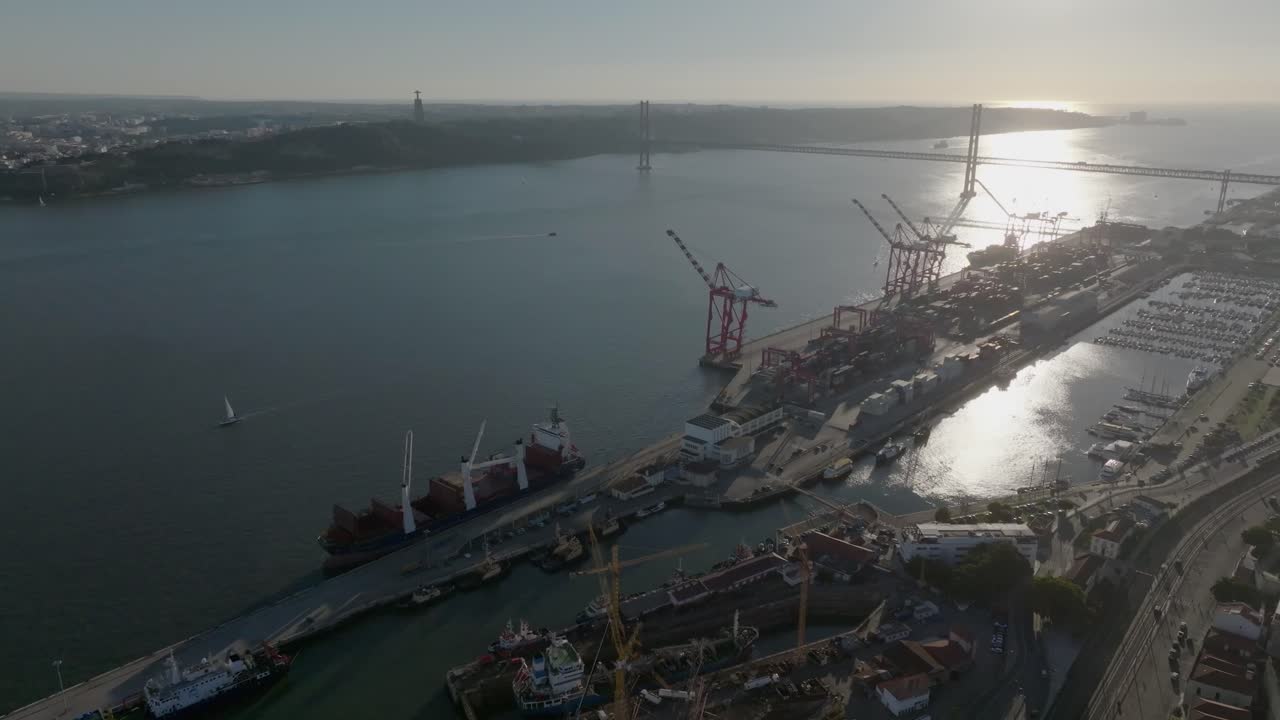 Drone shot of the harbour in Lisbon.