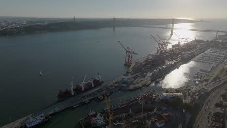drone shot of the harbour in lisbon.