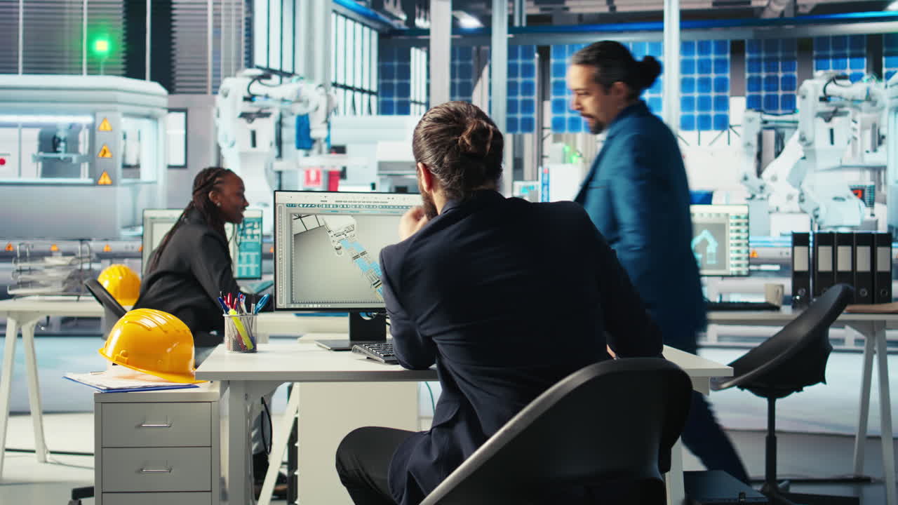 태양광 엔지니어링 전문가와 함께 일하는 광전자 공장 감독자
