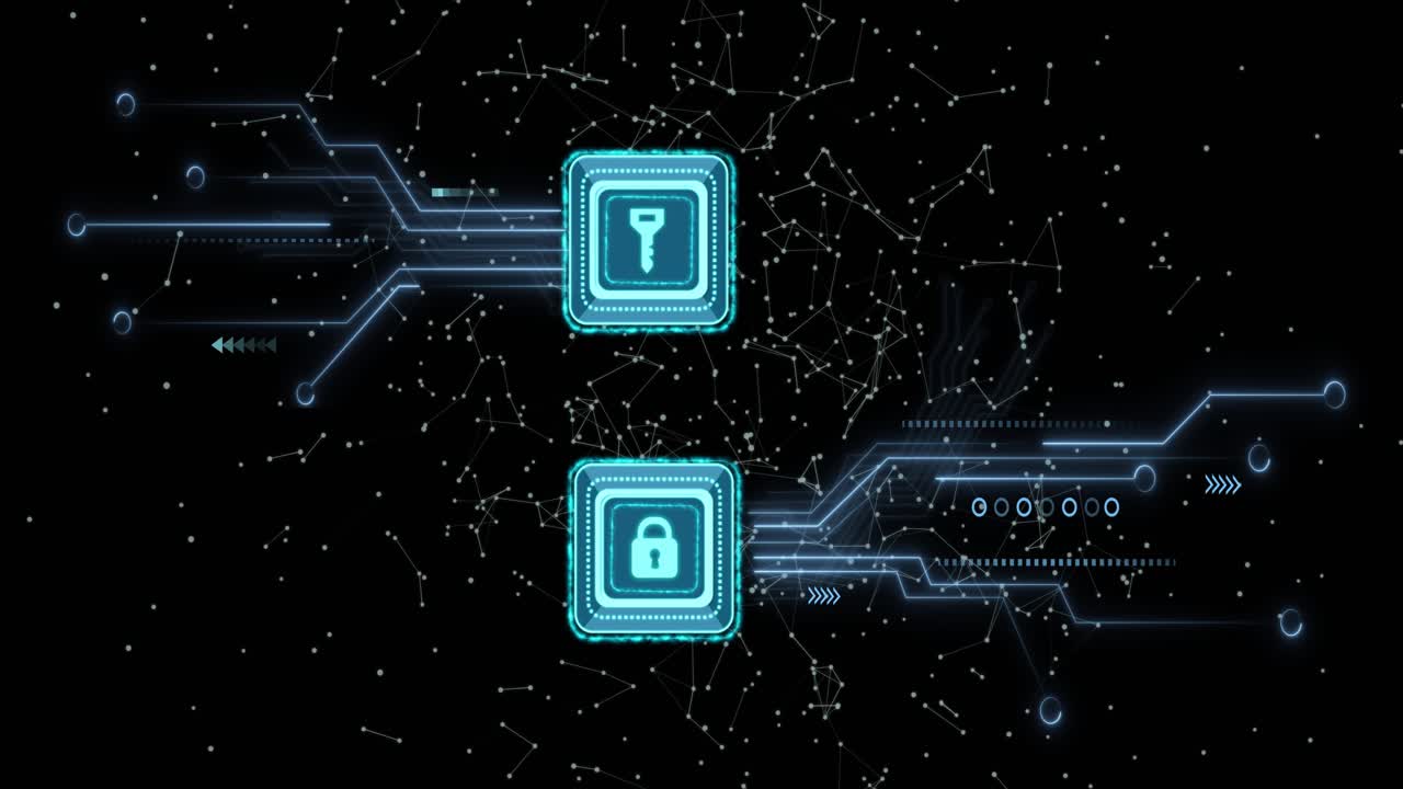 Animation of key, padlock icons, data processing over circuit board on black background