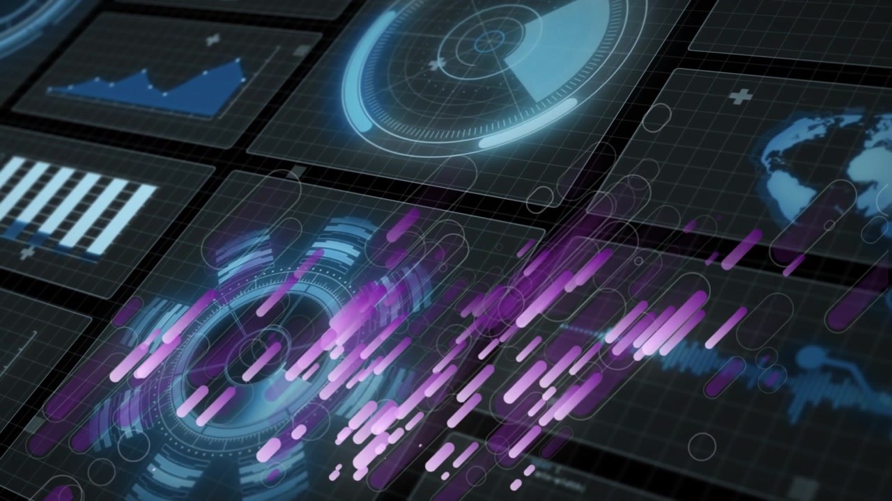 Animation of purple shapes over diverse data processing on black digital screen