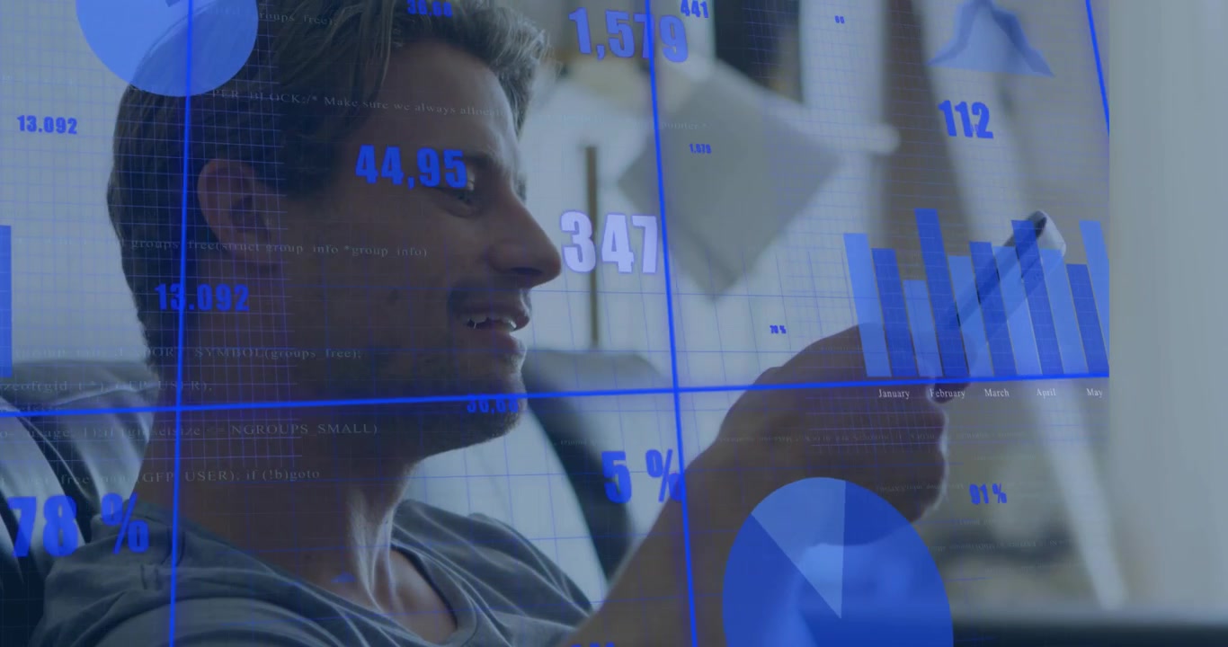Man tapping smartphone screen on sofa and activating finance bar charts for monitoring percentages