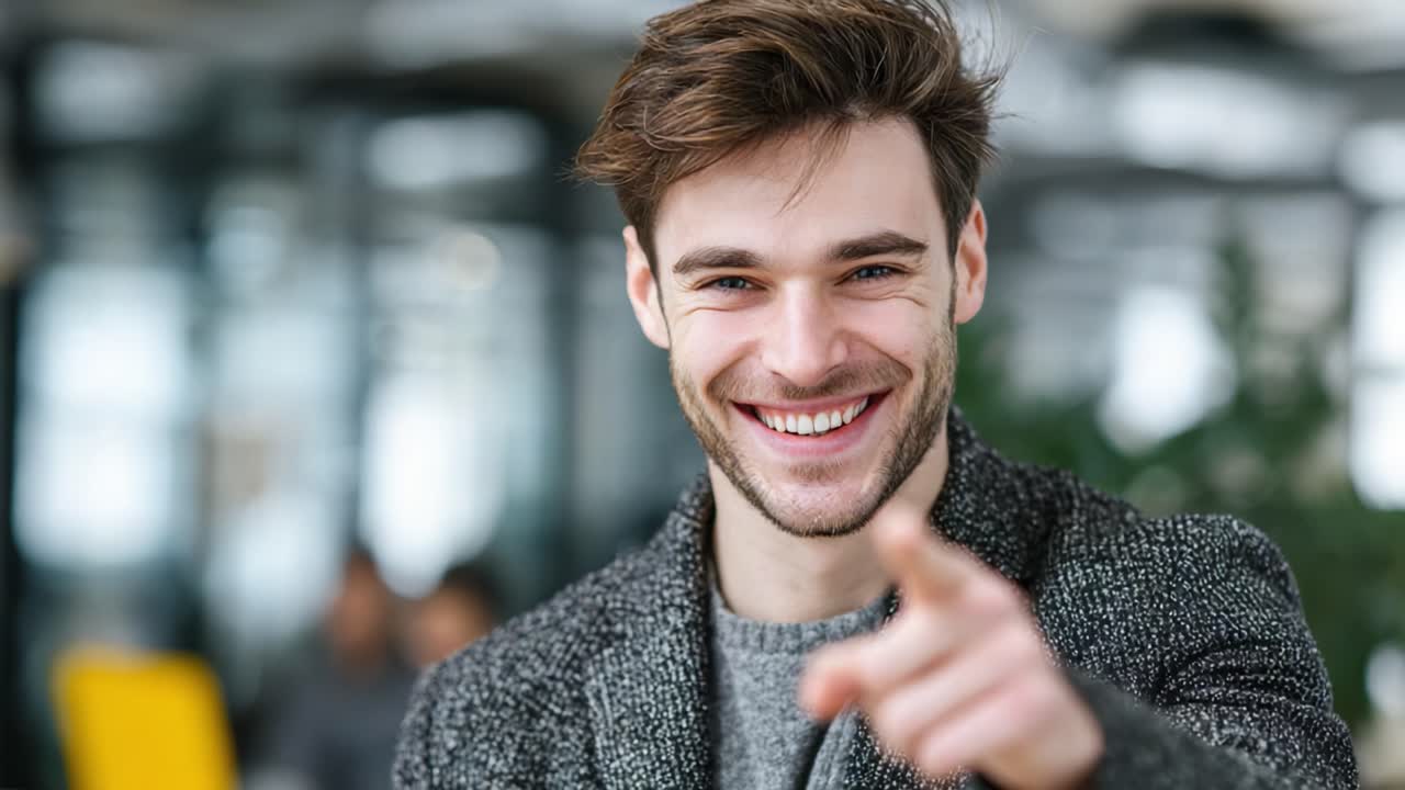 A Cheerful Young Man with a Bright Smile Pointing Playfully at the Camera, Capturing Joy and Liveliness in a Contemporary Setting