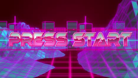 Press-start-text-over-neon-banner-against-3d-mountain-structures-on-red-background