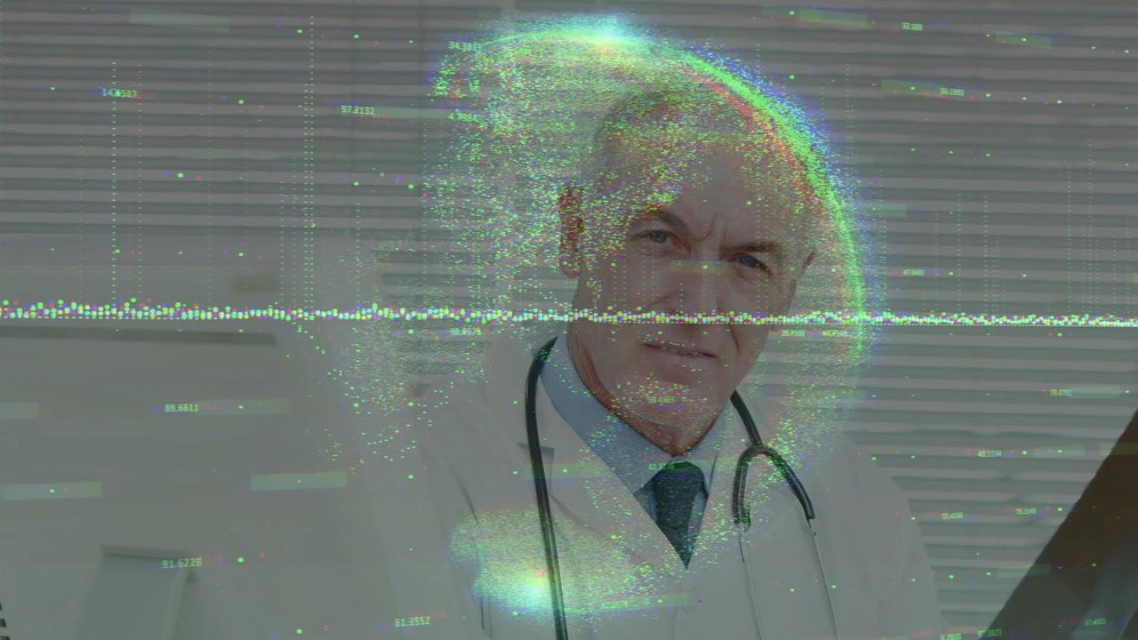 Holding x-ray by blinds, doctor angling and pointing to assess, with static globe overlay, lab coat