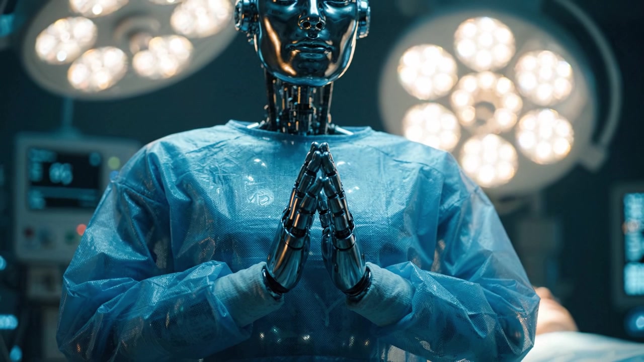 Humanoidní robot oblečený v chirurgickém oděvu stojí se sepjatýma rukama, osvětlený stropními chirurgickými světly, připravený asistovat při lékařské operaci