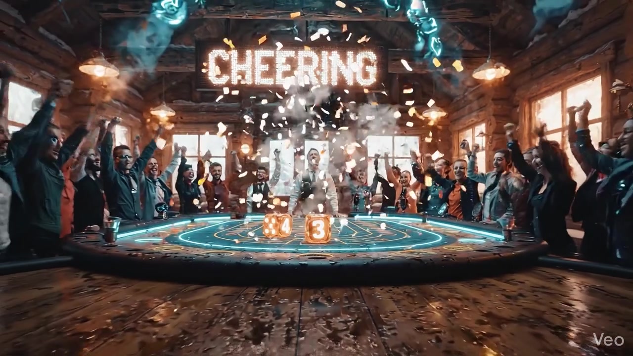 Expérience de jeu de casino excitante avec des joueurs enthousiastes et un croupier charmant dans un cadre de lodge rustique et chaleureux, avec des dés qui roulent et une ambiance festive.