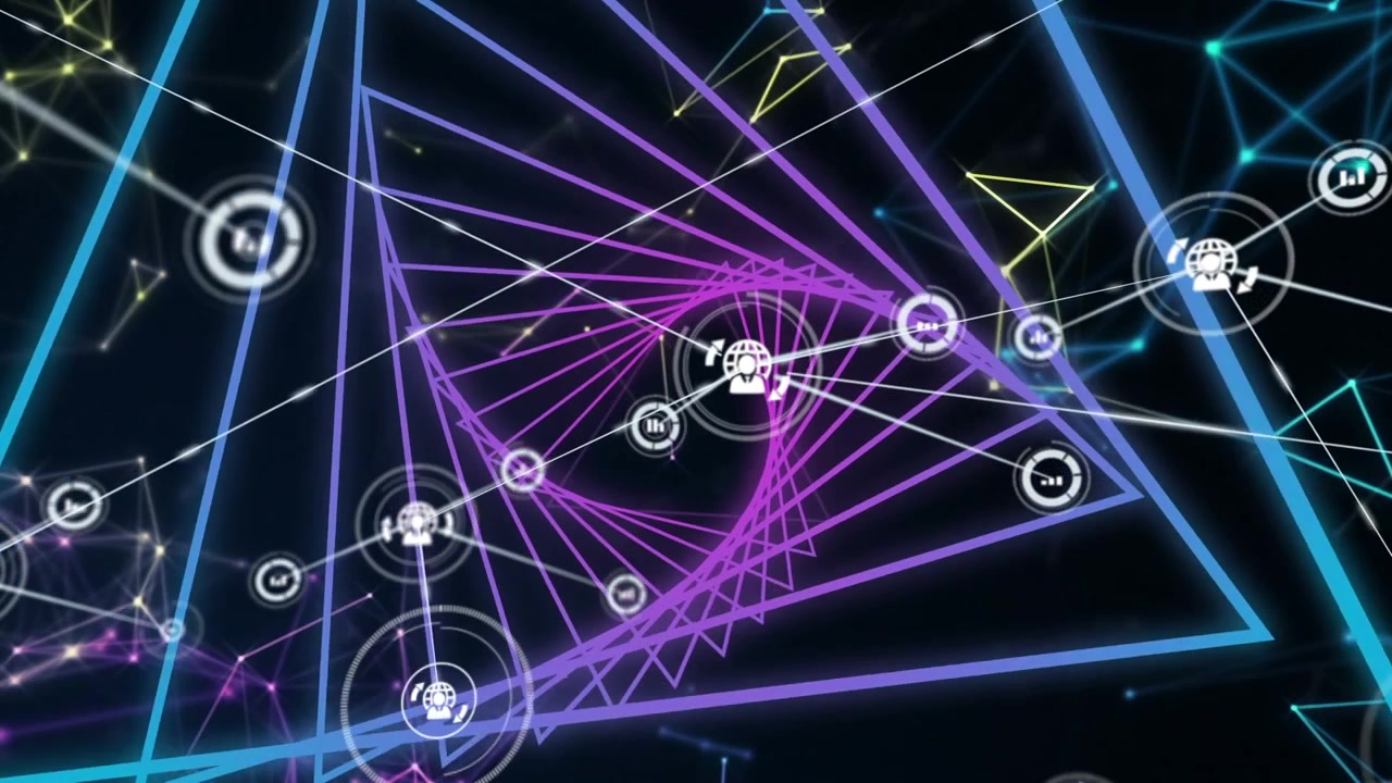 Animation of network of connections over neon shapes on black background