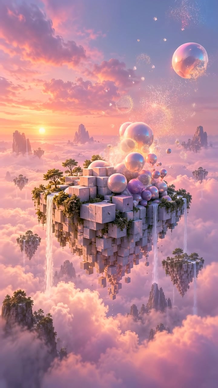 Un'isola rocciosa con vegetazione e blocchi geometrici chiari pende su nuvole soffici mentre sfere riflettenti le fluttuano intorno sotto una calda luce serale arancione, rosa e viola.
